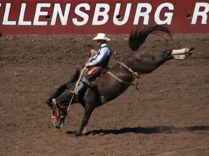 Watch cowboys wrangle bulls at a rodeo, like the Ellensburg Rodeo, which takes place in Ellensburg, Washington, on Labor Day weekend.