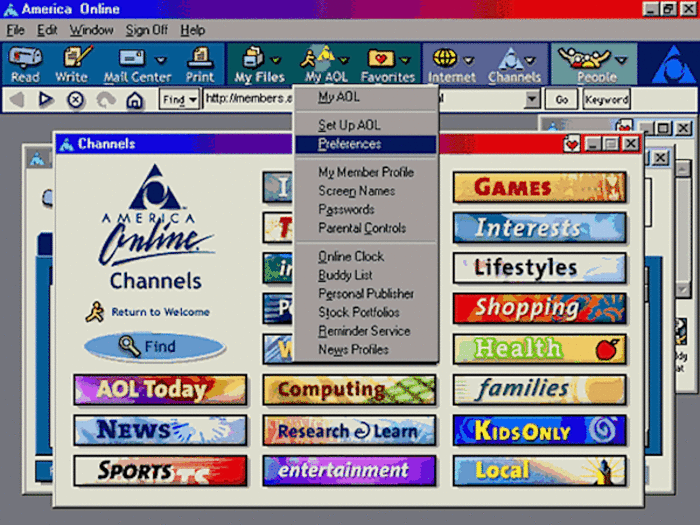 Instead of the Web, most people used paid, dial-up online services like AOL. You paid for every minute you used it.