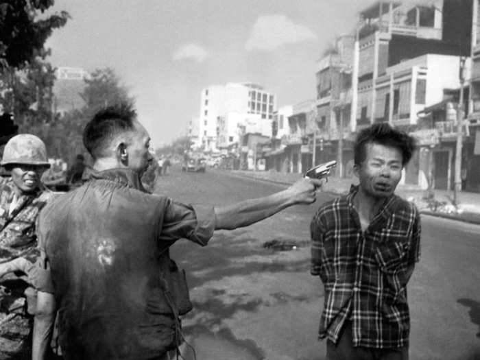 This picture that won legendary photojournalist Eddie Adams the Pulitzer Prize in 1969 depicts South Vietnamese Gen. Nguyen Ngoc Loan, chief of the national police, as he fires his pistol, shooting and killing suspected Viet Cong officer Nguyen Van Lem (also known as Bay Lop) on a Saigon street in 1968, early in the Tet Offensive.