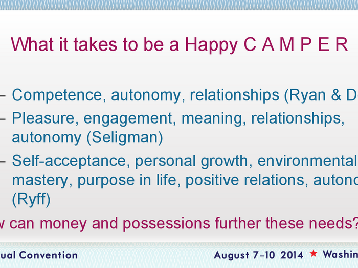 The acronym CAMPER stands for the research-proven factors that contribute to happiness: Competence, Autonomy, Meaning, Pleasure, Engagement, and Relationships.