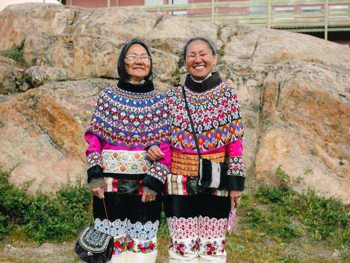 Sisters Dorthe and Ellen are seen here celebrating their niece’s first day at school in Sisimiut, Greenland. Glass beads first arrived in Greenland in the nineteenth century as trade items, and they have been used in decorative clothing ever since.