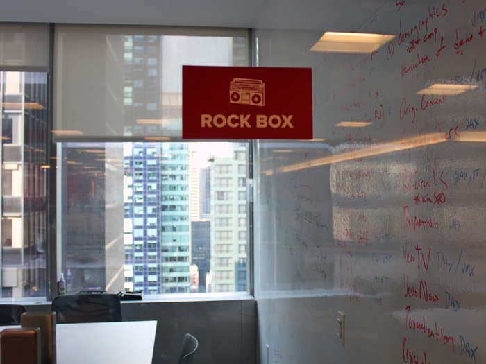 Each of the conference rooms is named after some important theme in music history. This one is called "Rock Box," in homage to Run-D.M.C.