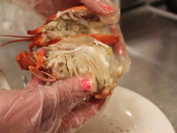 Brave lobster-eaters will eat small pieces of meat found inside the lobster body.