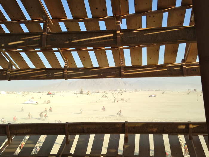 You can go inside the man and slide down. This is the view from inside looking out onto the playa.