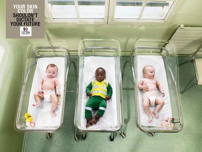 The International League Against Racism And Anti-Semitism made an illustration of systemic racism. "Your skin color shouldn’t dictate your future." (France, 2013)