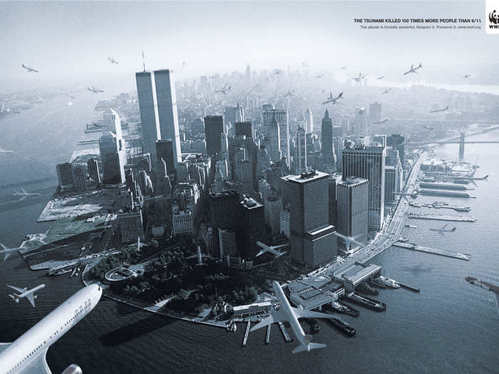 WWF Brasil triggered global anger (and issued a formal apology) after this image used 9/11 to illustrate the number of people killed in the 2004 Asian tsunami. "Tsunami." (Brazil, 2009)