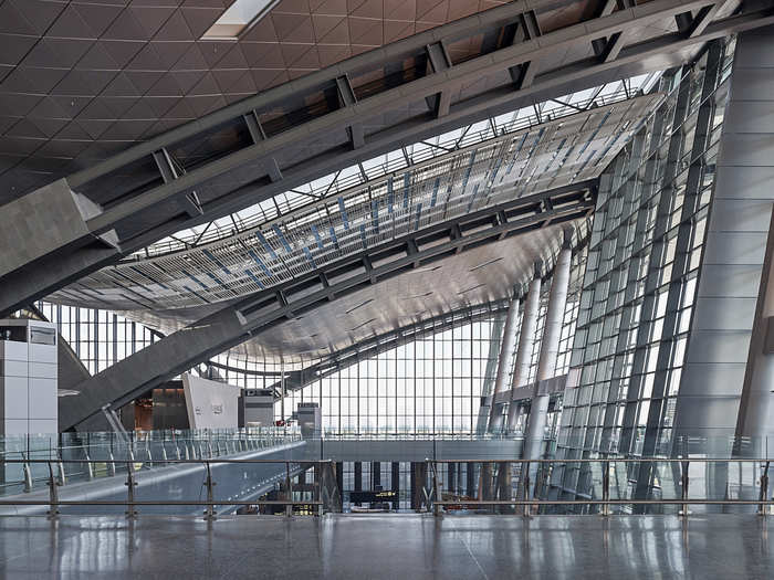 The departures area is vast and soaring.