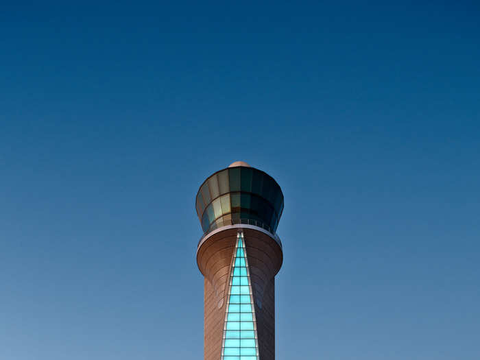 The control tower looks extremely cool at sunset.