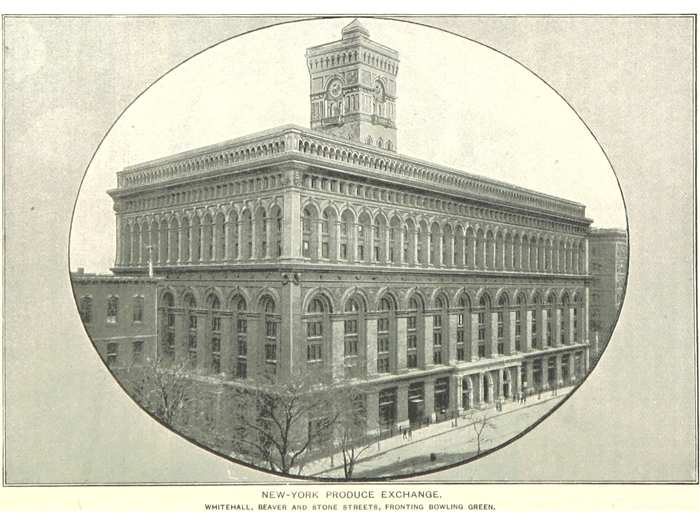 Construction of the New York Produce Exchange Building began in 1881 to replace an older produce exchange. The newer building was then demolished in 1957.