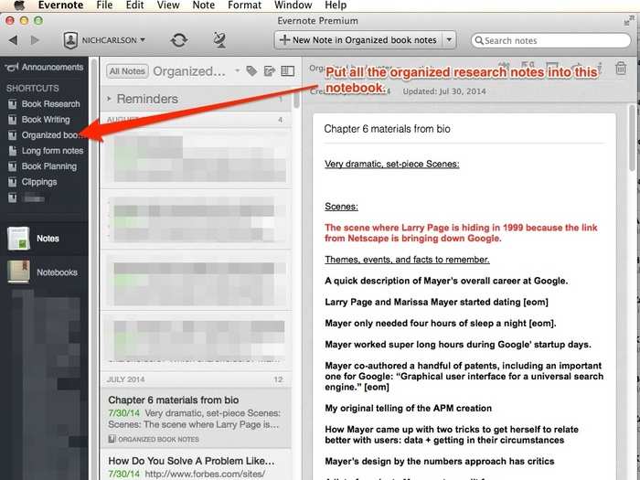 Do this for every note in “Book research.” When done with each, move each to to a new notebook called “organized research."