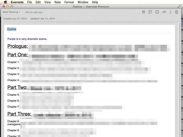Create a note called “outline.” Write a basic outline, with a header for each part and chapter.