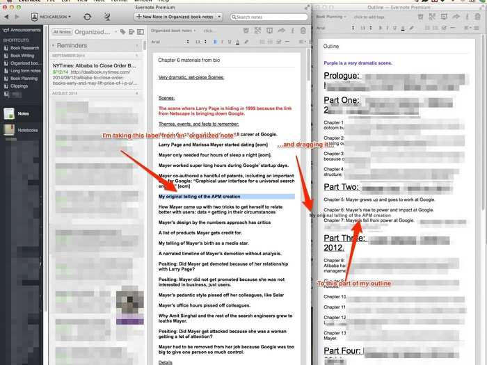 Open the outline as its own window. In the main window, go to the Organized Research note book.