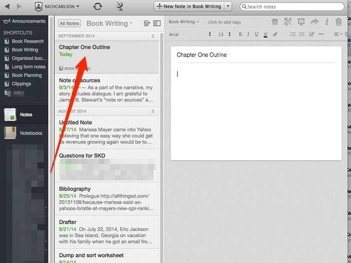 Go back to the “Book writing” notebook. Create a new note called “chapter one outline.”