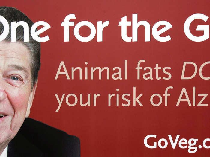 PETA showed off this billboard in front of the White House — it ties together President Reagan, degenerative disease, and meat-eating into one shocking package. 