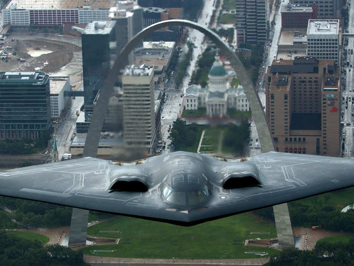 A B-2 Spirit flies over St. Louis