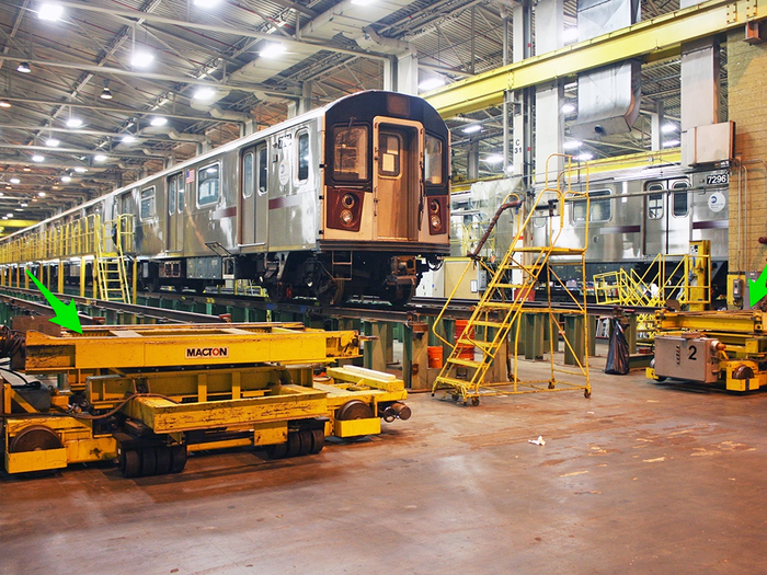 Once a car is complete, it is brought to the end of the track, where two "traverser tables" pick up each truck. The tables are remote-controlled and are used to move the cars to flatbed trucks or to the tracks outside. From there, it