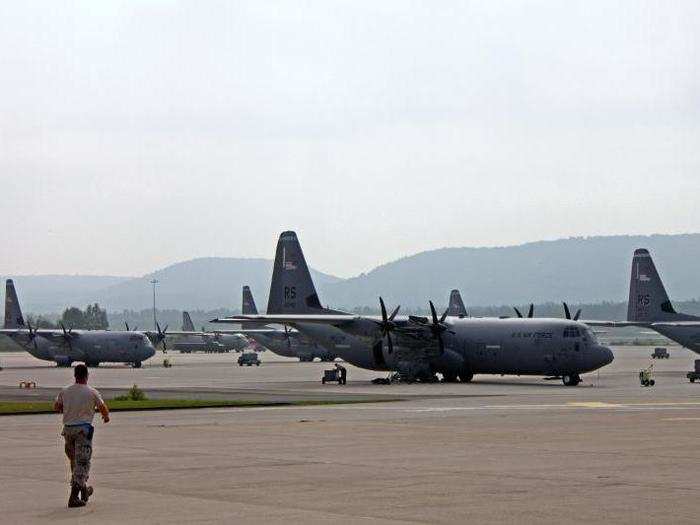 The latest model of the vanilla C-130 is the Lockheed Martin C-130J "Super" Hercules. Business Insider spotted several on the tarmac at Ramstein Air Base, in Germany.