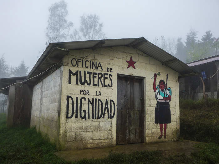 The "Office for Women and Dignity" is pictured here. The Zapatista women have a strong say in the running of community affairs, as both men and women are equal according Zapatista doctrine. Women hold many positions of leadership in the organization, including as military commanders.