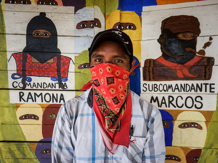 This year, Subcomandante Marcos, the charismatic and mysterious former leader of the Zapatistas and depicted in the painting on the right, stepped down as the spokesman of the movement, saying, "I declare that the one known as Insurgent Subcomandante Marcos no longer exists." This further added to the mystery and confusion around his persona.