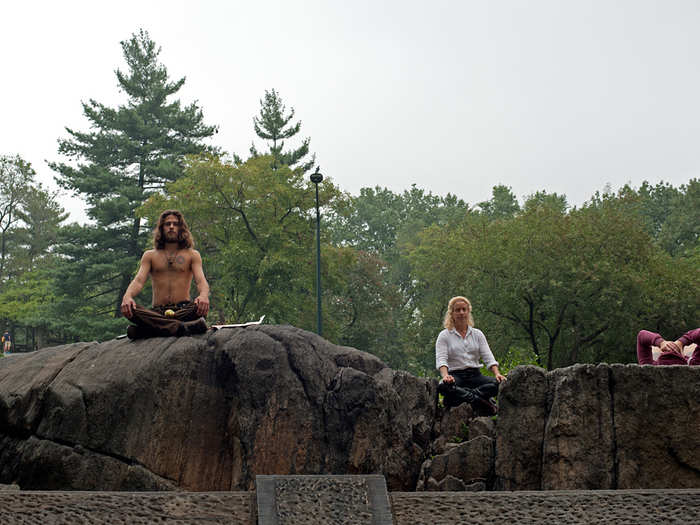 Meditators lined Central Park beside the march.
