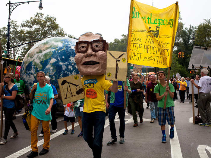No one escaped criticism from the marchers. Warren Buffet was taken to task for his murky views on climate change, despite his strong bets on renewable energy. As these marchers turned the corner onto 6th Ave, they were greeted by protesters with megaphones shouting, "Animal agriculture is the number one cause of climate change."
