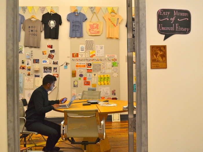 This conference room doubles as an ode to Etsy history. On the walls are a bunch of old T-shirts and other early memorabilia.