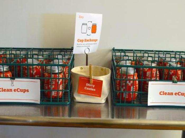 Besides the sorting stations, Etsy also has a "Clean eCups" program, which encourages employees to bring reusable containers (with handmade "Etsy" koozies!) if they go out to buy juice or coffee.