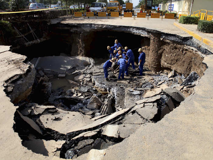 In May 2012 a road fell into a 49-foot long, 33-foot wide, 20-foot deep opening in Shaanxi province, China.