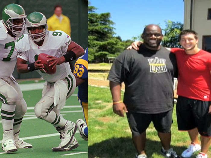 Antone Davis (no. 78) was a 330-pound offensive lineman and grew to 475 pounds after he stopped playing in 1997.