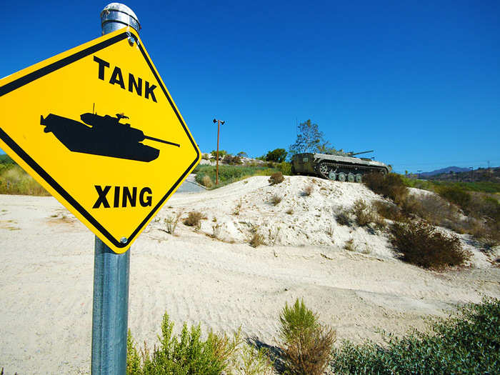 And visitors take notice pretty quickly, with a tank parked not far from the parking lot.