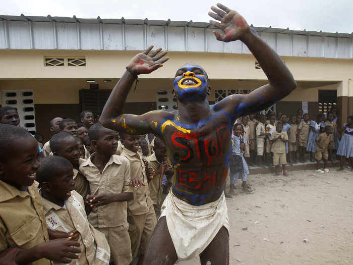 At the same school, another actor plays the role of a vaccine to stop Ebola. So far, there are no cases of Ebola in Cote d