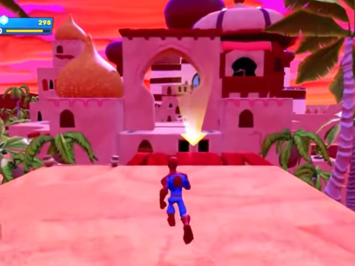 You can play in other game worlds, or even in worlds that other players created and posted online. Here, Spider-Man is in Aladdin