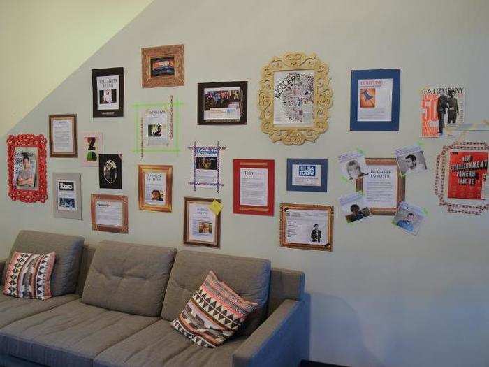 Behind it is a casual meeting area, where Pinterest has "framed" a bunch of its press mentions.