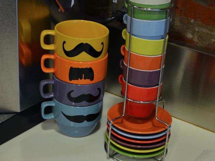 No office would  be complete without a coffee machine, and Pinterest adds some funkiness to its caffeine fix with these mustache mugs.