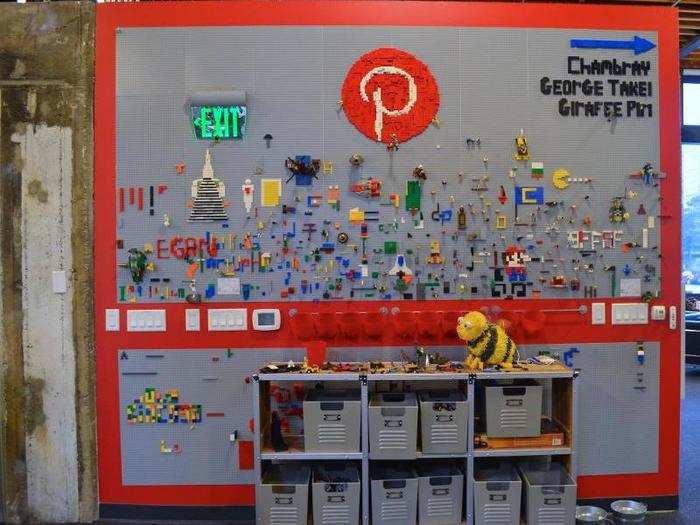 On the way out, employees can play with this Lego wall (its current look is thanks to Pinterest