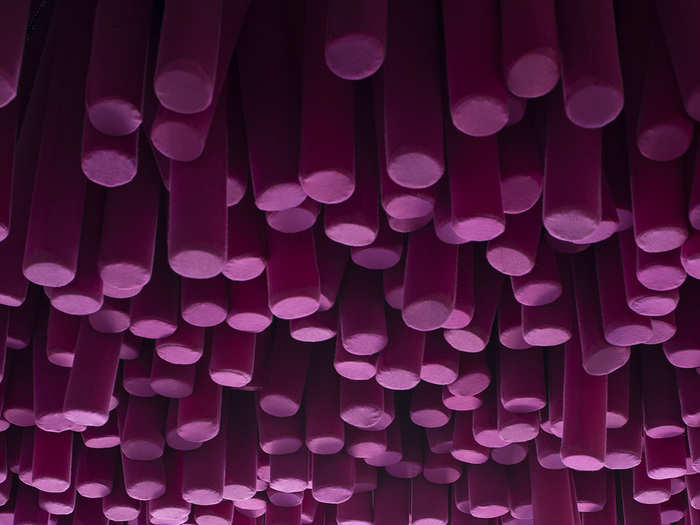 The ‘stache hairs were packed tightly into the ceiling and are made of foam pool noodles covered in stretchy pink fabric. Walking beneath them feels a little like going through a car wash.