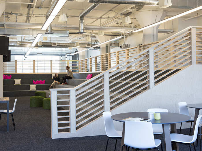 Stadium seating blankets a portion of the first floor at the Lyft office and is used as a place for Lyft’s bi-weekly company meeting, training sessions and extra seating during lunchtime for anyone who wants to get comfortable.