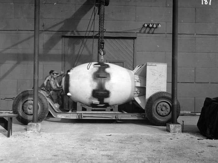 "Fat Man" is loaded onto a transport trailer and given a final once-over.