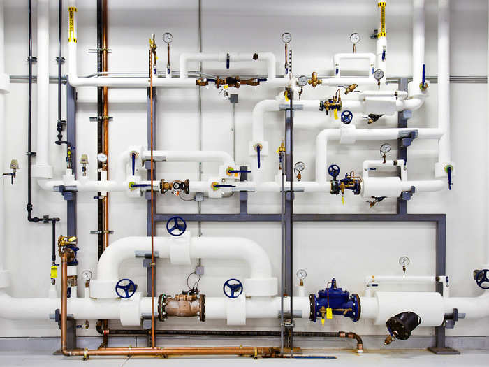 Google keeps pipes like these ready with highly-pressurized water, in case of a fire. The water is cleaned and filtered, so it won