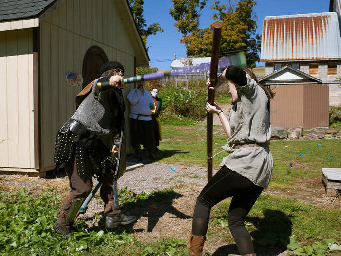 Once the battle  broke out, it was chaos for about 20 minutes. Players jumped between skirmishes, swung their weapons wildly, and shouted "spells" or "attacks" at other players.  Players must call out their attacks so others know how to react.