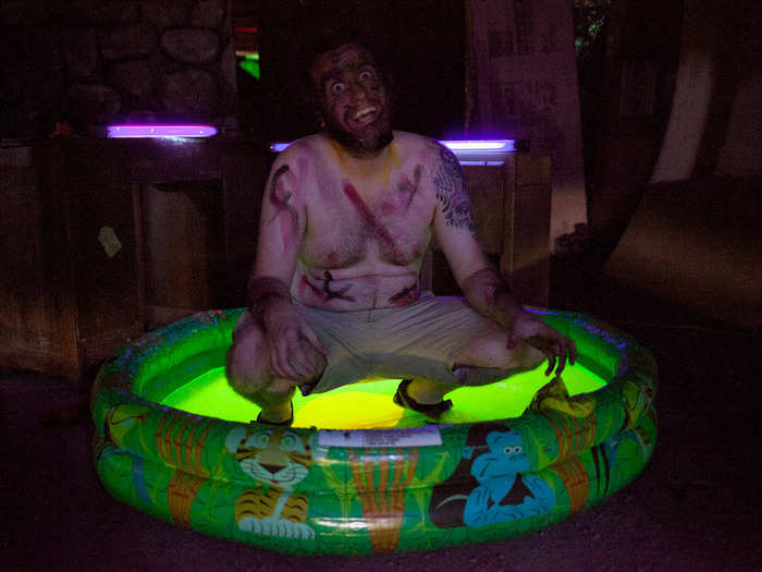 One of the NPCs got covered with fake scars and make-up to become "Foothand," a mutated monster that the players must kill. He had to sit in a kiddie pool filled with a solution that glows in the dark to set the scene for the sorcerer