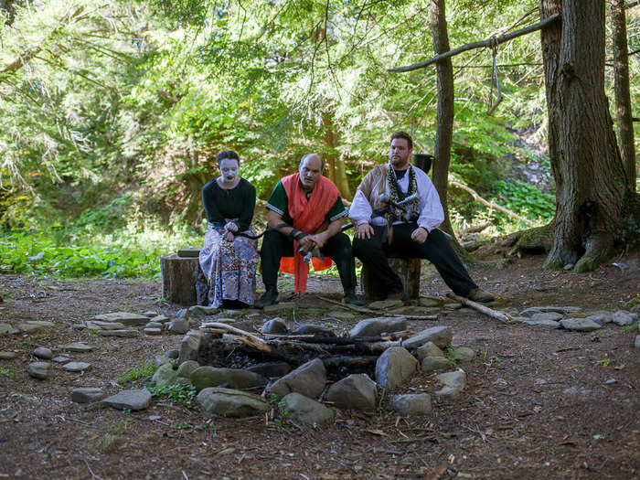 Some modules happen in the woods, which take up the majority of the property. There are campsites, tree-houses, and structures for players to interact with. Here, a small group of players whose characters are gypsies have a clandestine meeting with a "relative" of theirs, who had a prisoner.