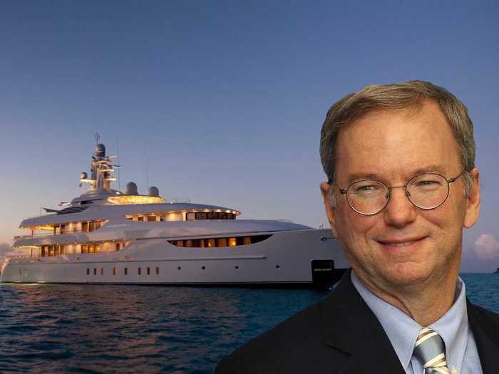 Google chairman Eric Schmidt has a $72-million yacht called the "Oasis," which he uses to sail to the French Riviera and other destinations. The yacht has plenty of amenities, including a pool, jet skis, and a gym that can be converted into a disco. He and estranged wife Wendy also own homes in Nantucket and Montecito, California, in addition to their primary residence in Atherton.