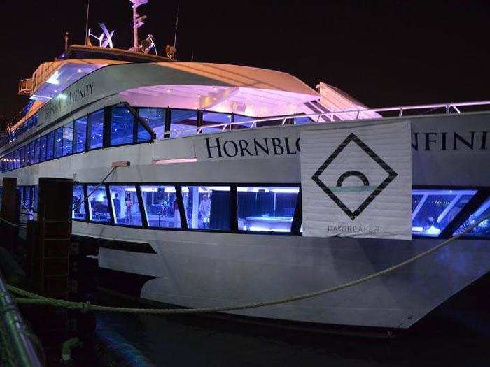 Daybreaker decked out our ship,  the "Hornblower Infinity," with its logo and pretty purple lighting.