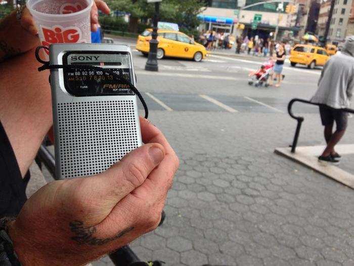 Kyle uses a portable AM/FM radio to listen to ESPN End Zone and other stations.