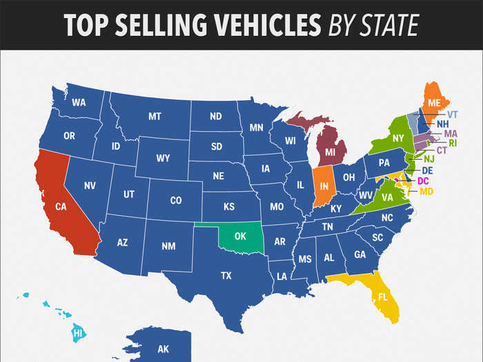 The Ford F-Series family of trucks dominated America, coming in at number one in more than 30 states.