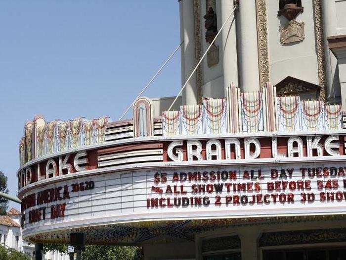 The movie theater marquee at the end of "Up" is actually the Grand Lake Theater in Oakland. It opened in 1926, and in 1981 the theater and its gigantic rooftop sign were designated historical landmarks. From this angle, you can