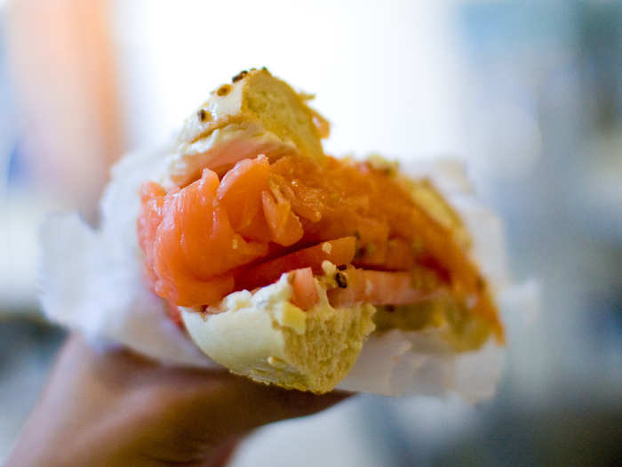 Start your day off right with a classic New York-style bagel, topped with lox, cream cheese, and red onions. Every New Yorker has his or her favorite bagel shop, but H&H and Ess-A-Bagel are classics.