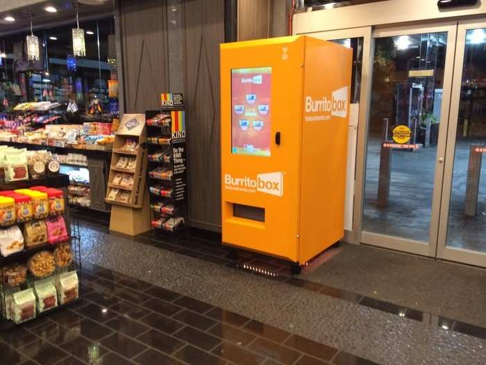 In a Los Angeles, hungry customers can purchase a hot and ready burrito from this machine for $3. They can choose from Chorizo Sausage, Roasted Potato, Uncured Bacon, Free-Range Chicken or Shredded Beef flavors. Mmmmm.