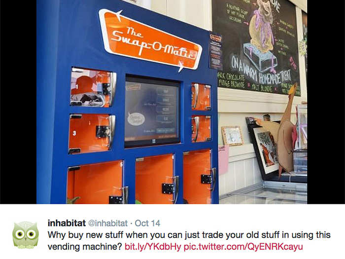 This vending machine in Brooklyn allows you to trade-in your unwanted goods in exchange for something new, with no cash changing hands. Called the "Swap-o-matic," it was created to shift consumers thinking towards more sustainable practices of buying and selling goods.